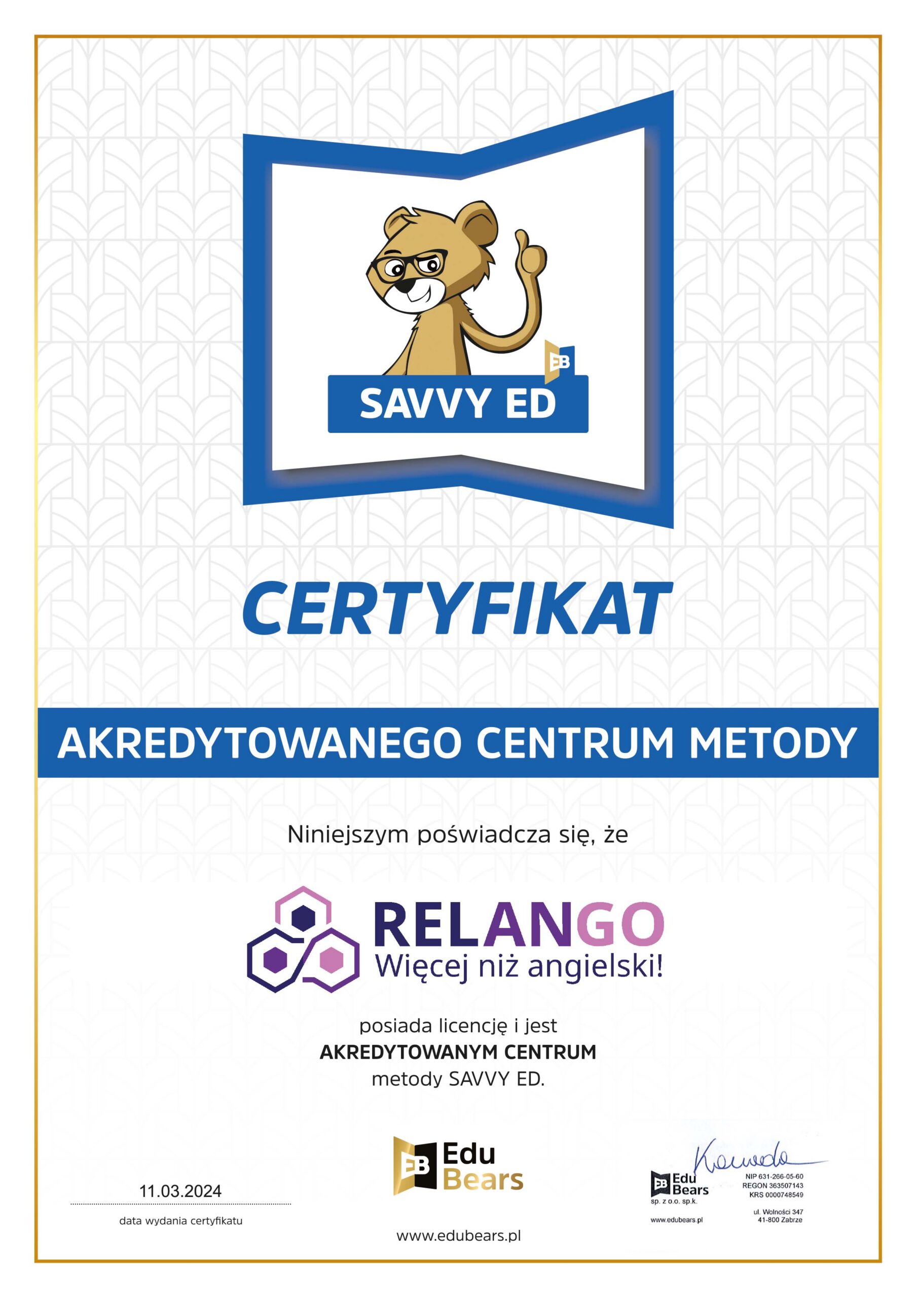 Certyfikat Akredytowane centrum Savvy Ed 2026.cdr