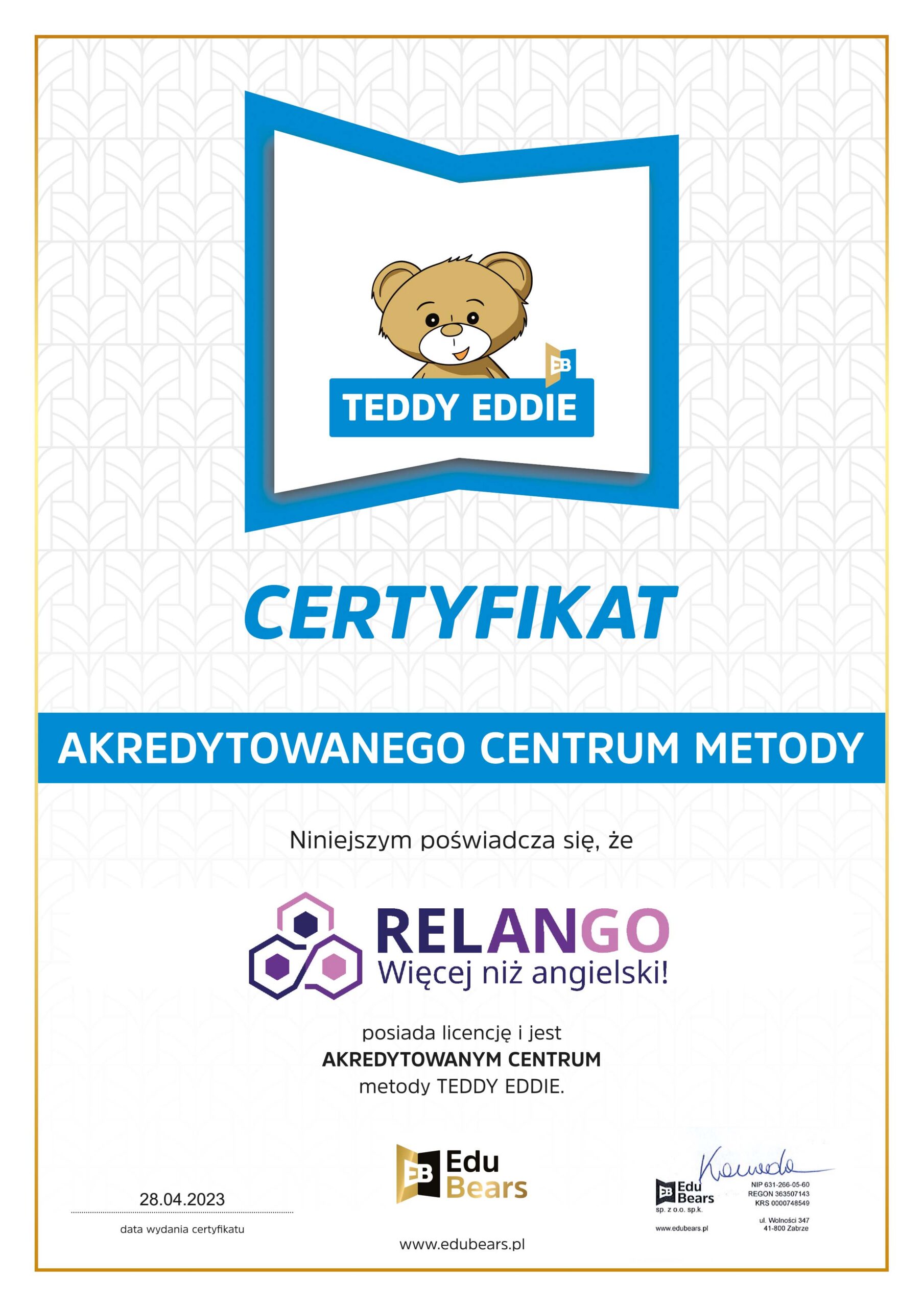 Certyfikat Akredytowane centrum Teddy Eddie 2026.cdr