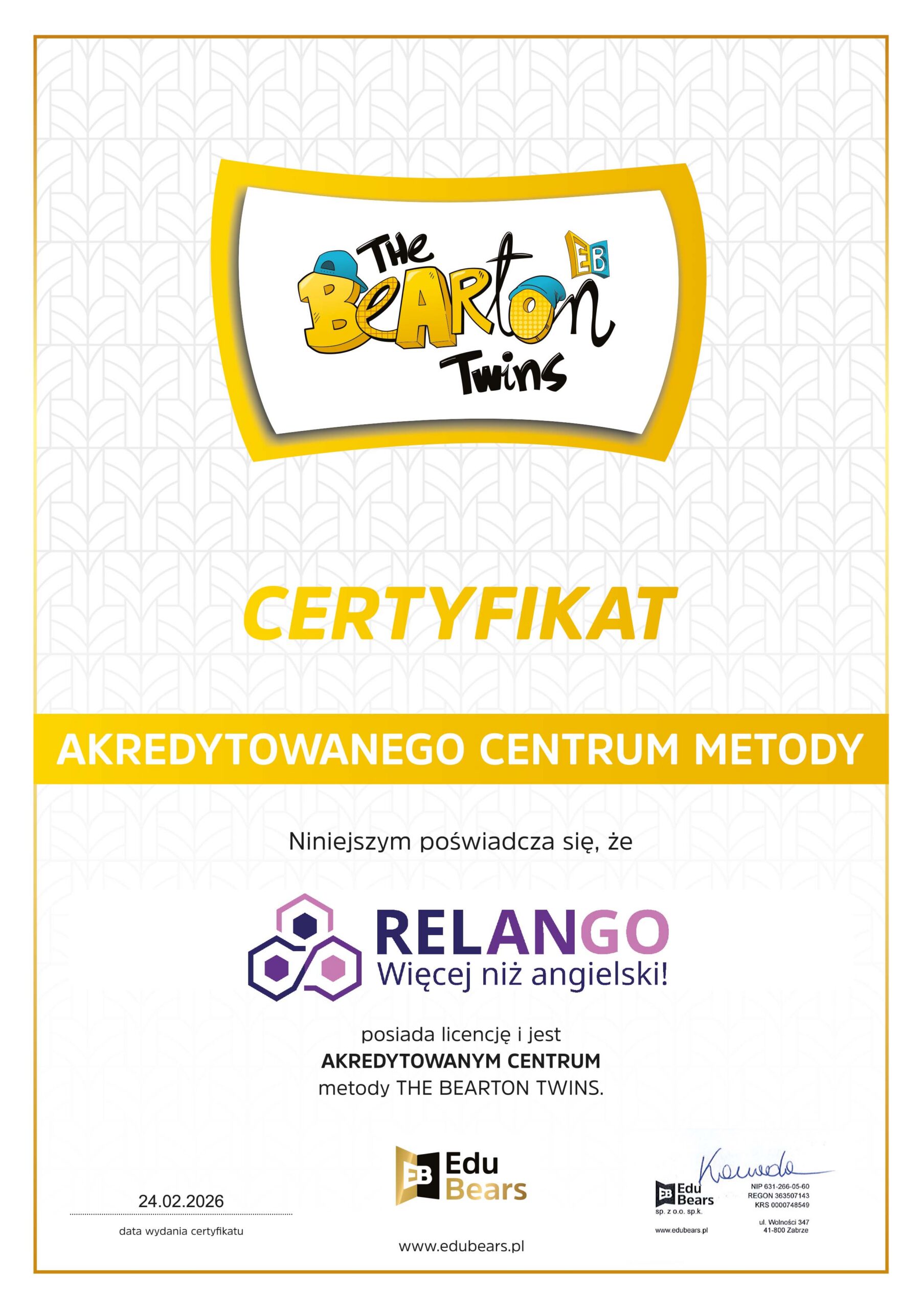 Certyfikat Akredytowane centrum The Bearton Twins 2026.cdr